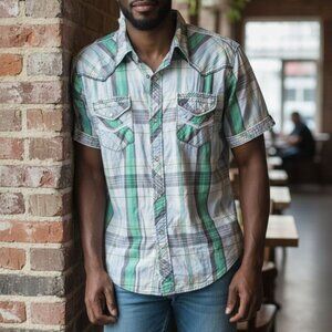 BKE Mens Shirt Short Sleeve Green/Grey/White Pockets Sz XL